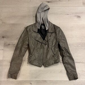 Charlotte Russe Olive Gray Faux Leather Moto Jacket with Hood